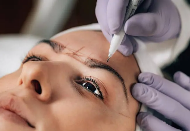 Close-up of an eyebrow being marked out and treated by a gloved practitioner.