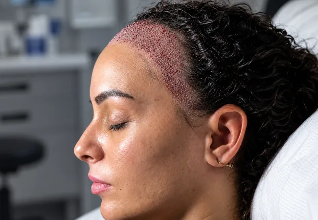 A woman resting in a treatment chair, the recipient area along her hairline dense with freshly placed grafts.