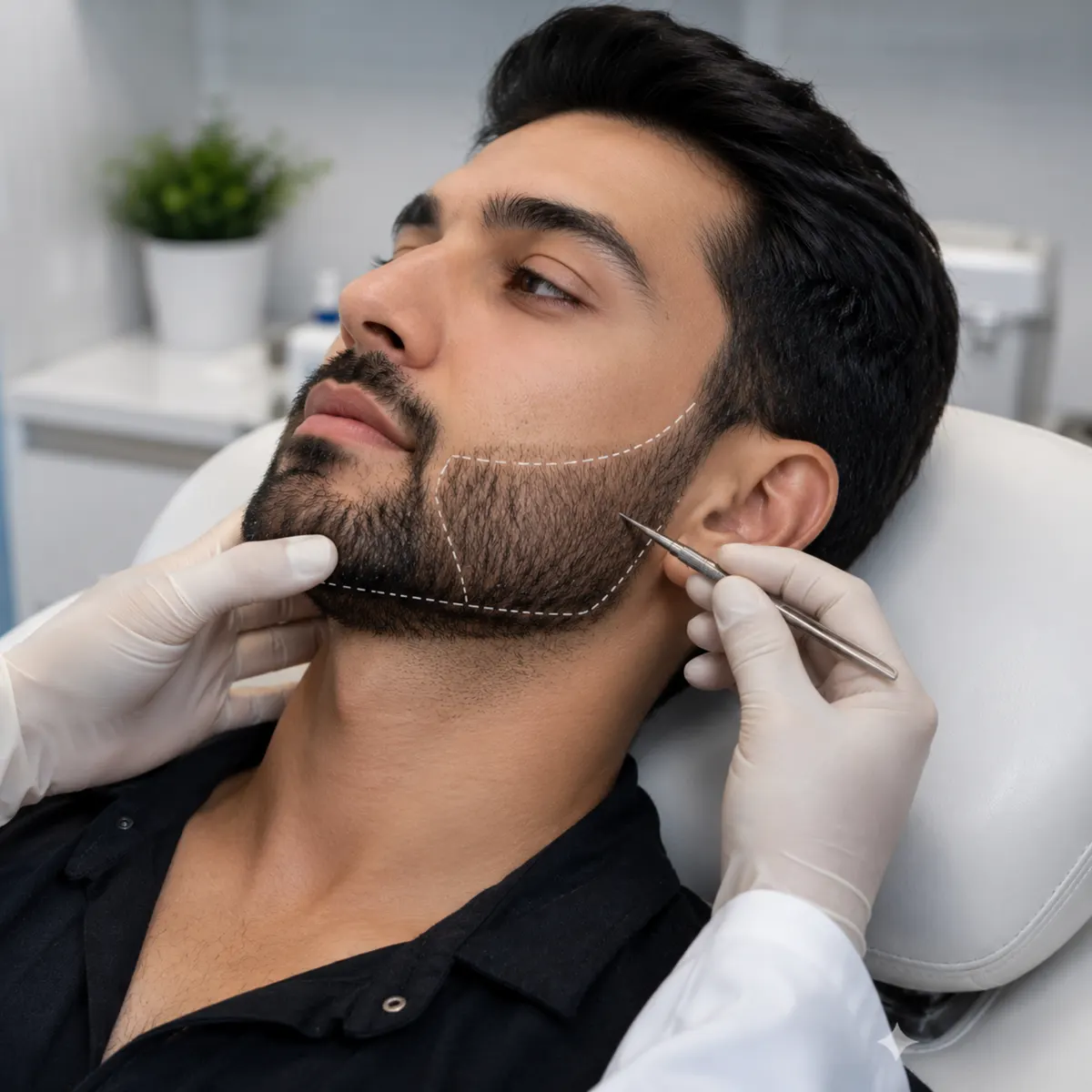 A man reclining in a treatment chair while a clinician marks a beard line along his jaw.