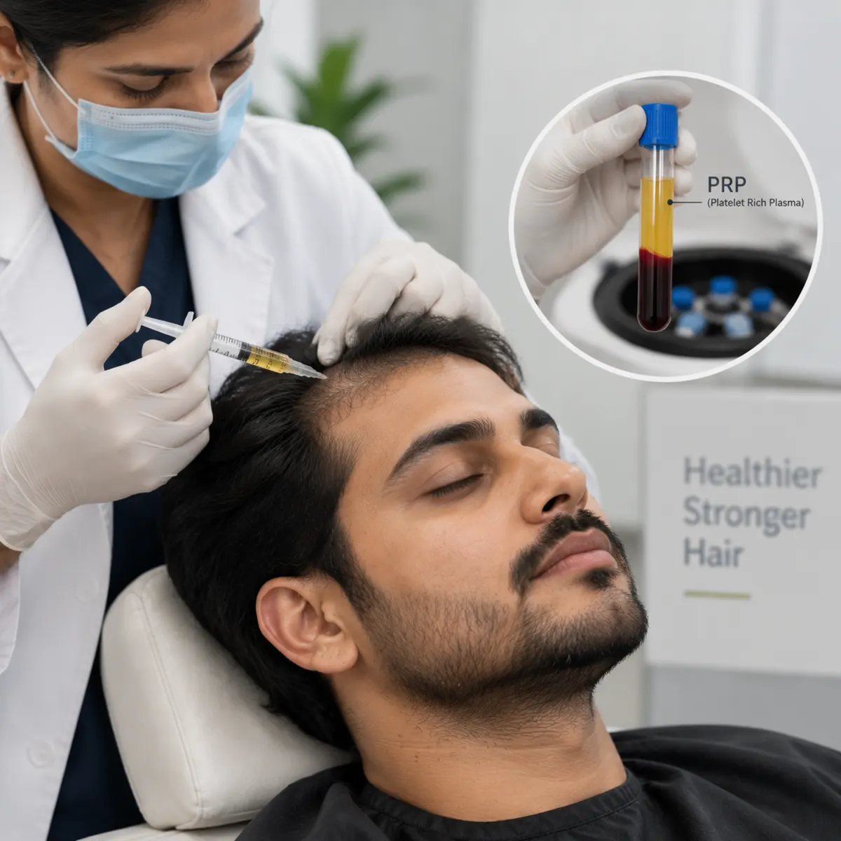 A clinician injecting a reclining man’s scalp, with an inset showing a blood sample separated into platelet-rich plasma.