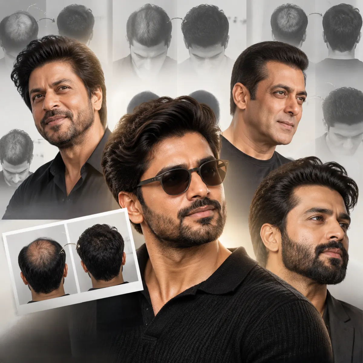 A montage of well-groomed men with full, styled hair, with an inset showing the back of a head before and after treatment.