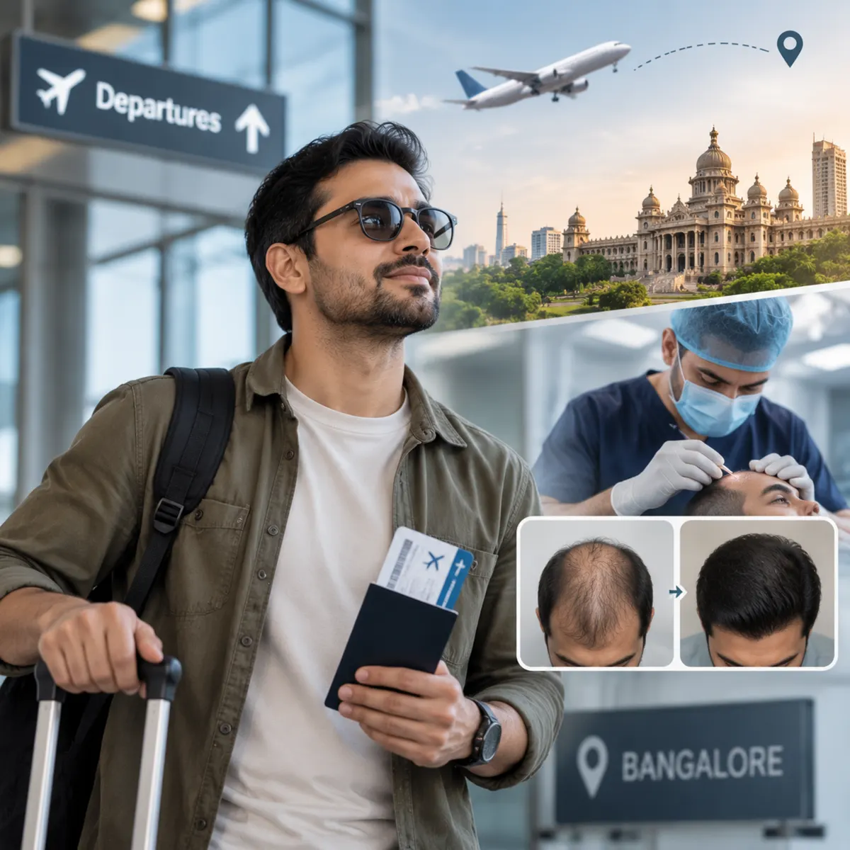 A traveller holding a passport and boarding pass in an airport departures hall, with Bangalore and a clinical procedure shown alongside.