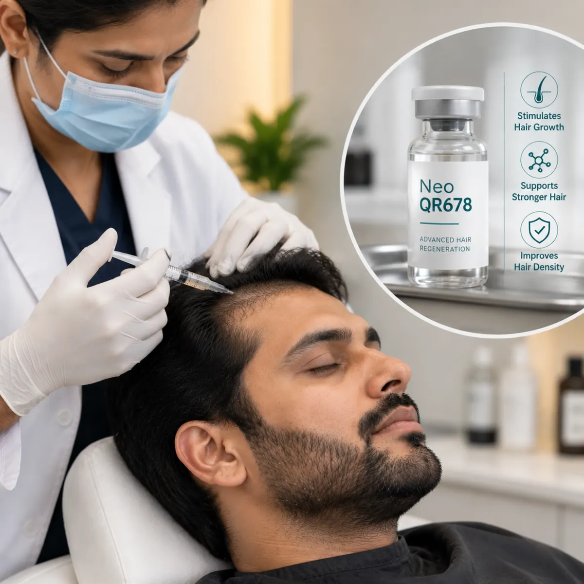 A clinician injecting a reclining man’s scalp, with an inset of a vial of QR678.
