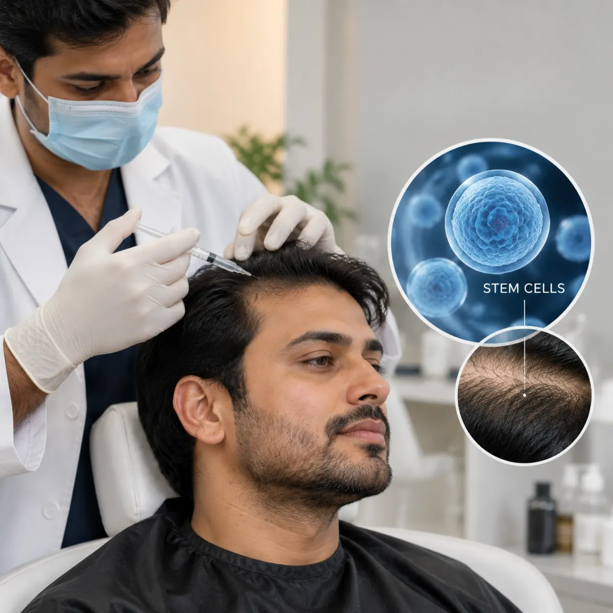 A clinician injecting a reclining man’s scalp, with inset illustrations of stem cells and a hair follicle.